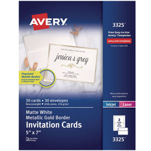 Load image into Gallery viewer, Invitation Cards with Metallic Border, Inkjet/Laser, 80 lb, 5 x 7, Matte White, 2 Cards/Sheet, 15 Sheets/Pack
