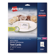 Load image into Gallery viewer, Matte White Metallic Gold Border Tent Cards, 3.5 x 2, 4 Cards/Sheet, 20 Sheets/Pack
