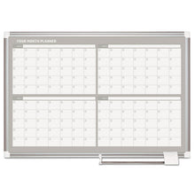 Load image into Gallery viewer, Magnetic Dry Erase Calendar Board, Four-Month Planning/Scheduling, 36" x 24", White Surface, Satin Aluminum Frame
