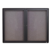 Load image into Gallery viewer, Enclosed Indoor Fabric Bulletin Board with Two Hinged Doors, 48" x 36", Gray Surface, Graphite Gray Aluminum Frame
