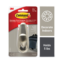 Load image into Gallery viewer, Adhesive Mount Metal Hook, Large, Brushed Nickel Finish, 5 lb Capacity, 1 Hook and 2 Strips/Pack
