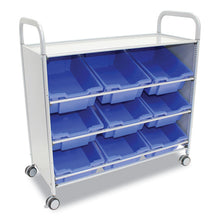 Load image into Gallery viewer, Callero Tilted Tray Trolley Set 01, Metal, 1 Shelf, 9 F2 Deep Bins, 40.6" x 17.3" x 41.5", Silver/Royal Blue
