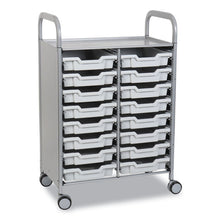 Load image into Gallery viewer, Callero Plus Double Column Trolley Set 05, Metal, 1 Shelf, 16 F1 Shallow Bins, 27.4" x 17.3" x 41.5", Silver/Light Gray
