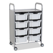 Load image into Gallery viewer, Callero Plus Double Column Trolley Set 13, Metal, 1 Shelf, 8 F2 Deep Bins, 27.4" x 17.3" x 41.5", Silver/Light Gray
