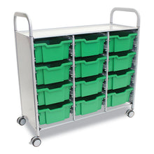 Load image into Gallery viewer, Callero Plus Treble Column Trolley Set 13, Metal, 1 Shelf, 12 F2 Deep Bins, 40.6" x 17.3" x 41.5", Silver/Grass Green
