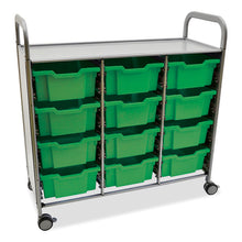 Load image into Gallery viewer, Callero Plus Treble Column Trolley Set 13, Metal, 1 Shelf, 12 F2 Deep Bins, 40.6" x 17.3" x 41.5", Silver/Grass Green
