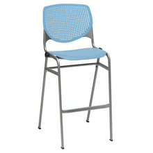 Load image into Gallery viewer, Pedestal Bistro Table with Four Sky Blue Kool Series Barstools, Round, 36" Dia x 41h, Studio Teak
