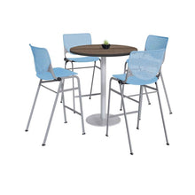 Load image into Gallery viewer, Pedestal Bistro Table with Four Sky Blue Kool Series Barstools, Round, 36" Dia x 41h, Studio Teak
