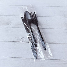 Load image into Gallery viewer, Three-Piece Polystyrene Cutlery Kit, Mediumweight, Fork/Knife/Spoon, Plastic, Black, 250/Carton

