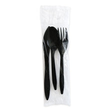 Load image into Gallery viewer, Three-Piece Polystyrene Cutlery Kit, Mediumweight, Fork/Knife/Spoon, Plastic, Black, 250/Carton
