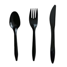 Load image into Gallery viewer, Three-Piece Polystyrene Cutlery Kit, Mediumweight, Fork/Knife/Spoon, Plastic, Black, 250/Carton
